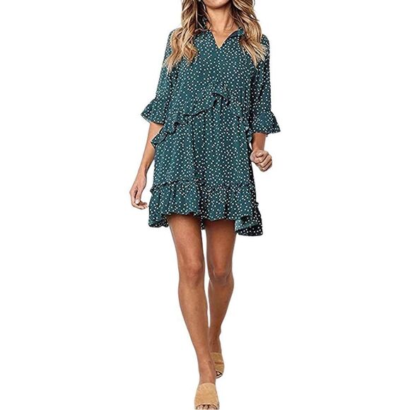 Green Polka Dot 3/4 Sleeves Ruffles Dress in Size Small - Picture 1 of 10